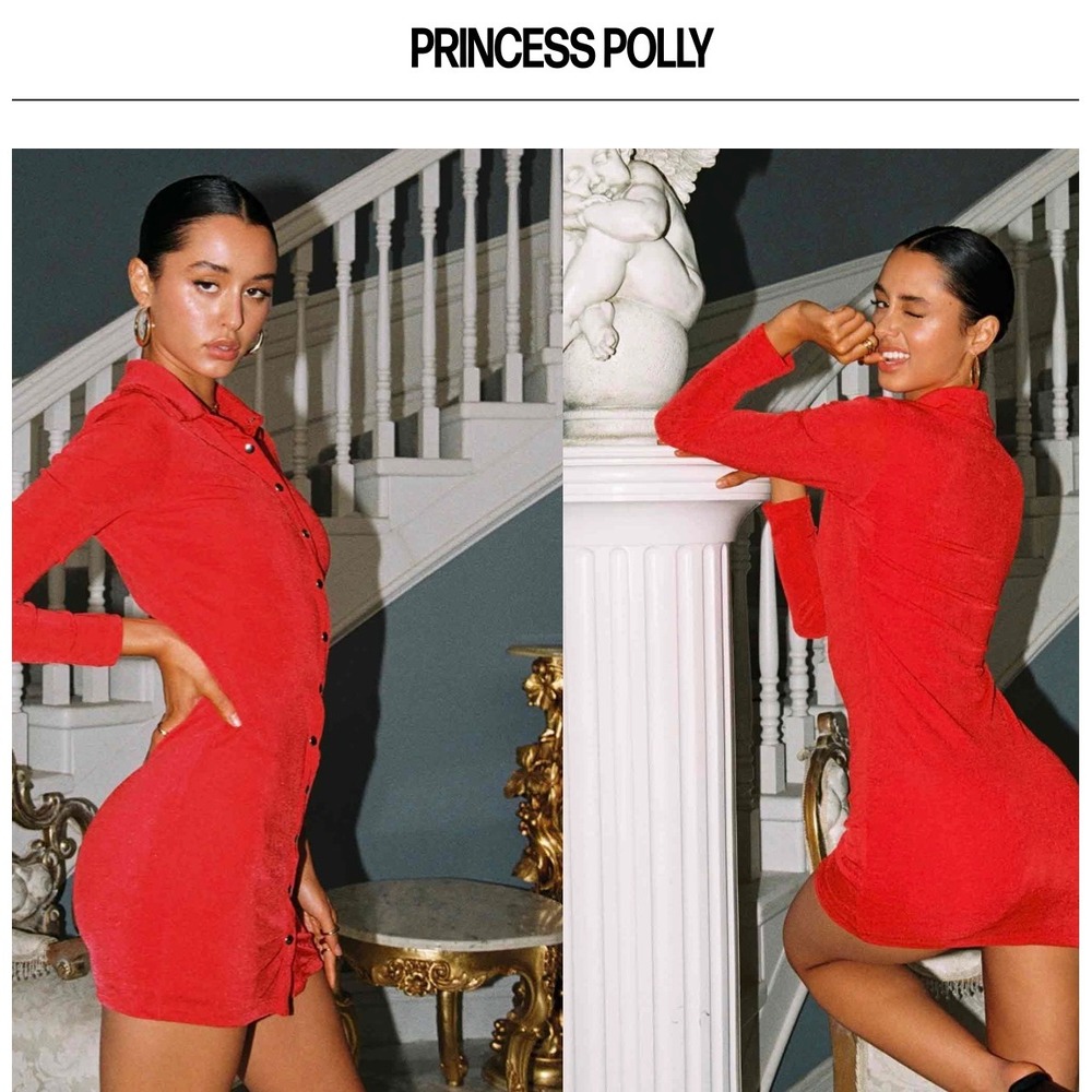 Princess Polly Red Long‎ Sleeve Button Up Mini Dress Slim Fit size 2
